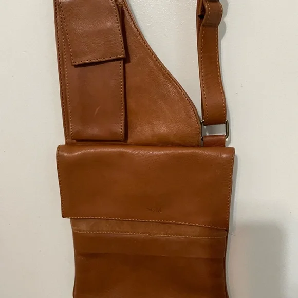 Vintage 90’s Essa Genuine Leather Camel Brown Crossbody Satchel Chest Bag - Picture 2 of 12